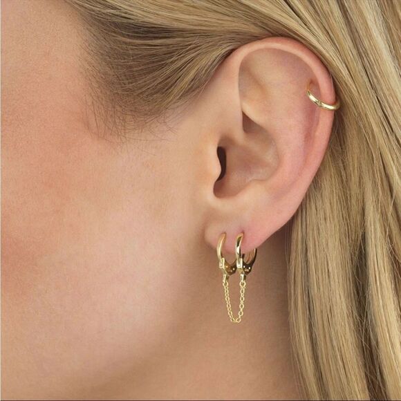 New Gold over 925 Sterling Silver Pierced Handcuff Hoop Chain Earring - Picture 2 of 13